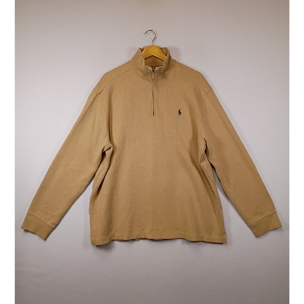 Old Money Polo Ralph Lauren Mens XL Tan Cotton Quarter Zip Pullover Sweater